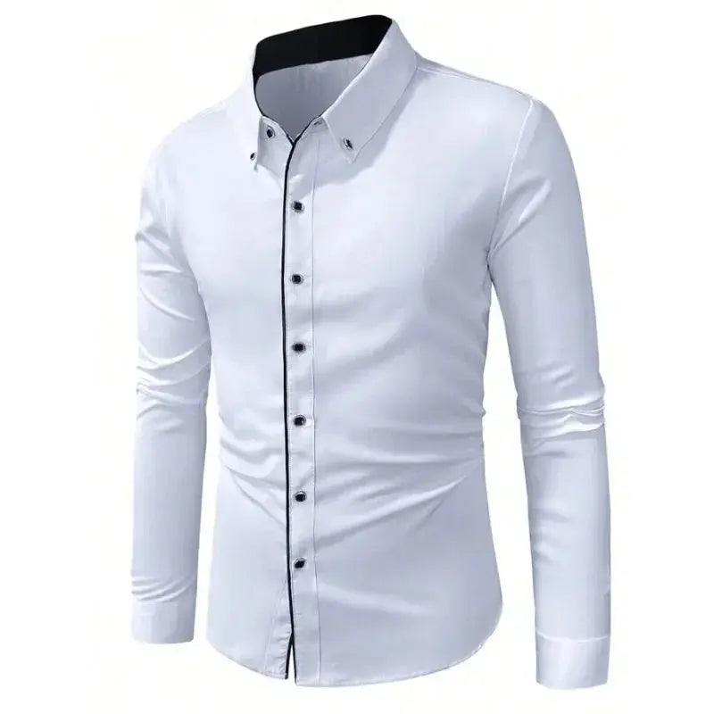 Model wearing the Resolute White Shirt, showcasing its structured silhouette.