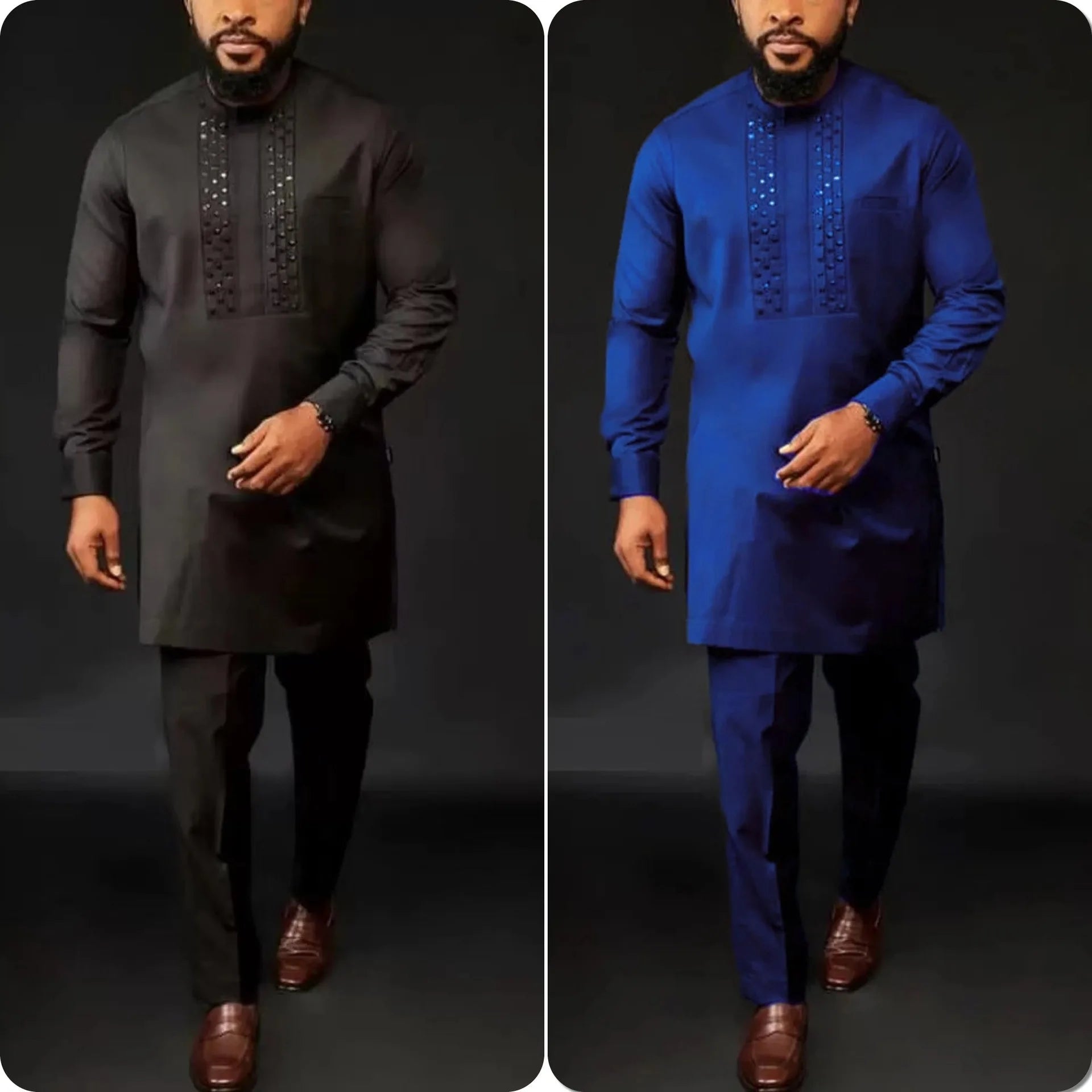 Casual Versatile Muslim African Men Wedding Suit 2 Piece Set Round Neck Long Sleeve Outfit