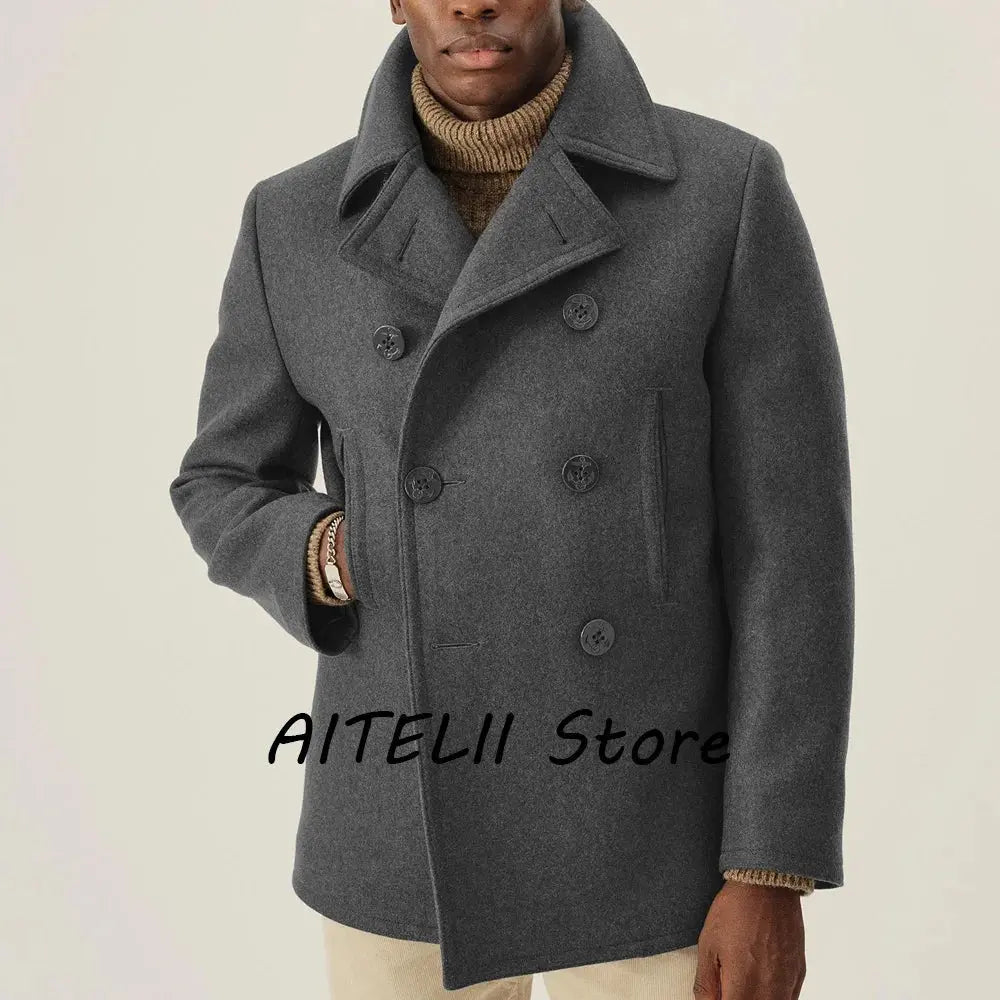 Model pairing the double-breasted coat with formal attire for a business meeting.