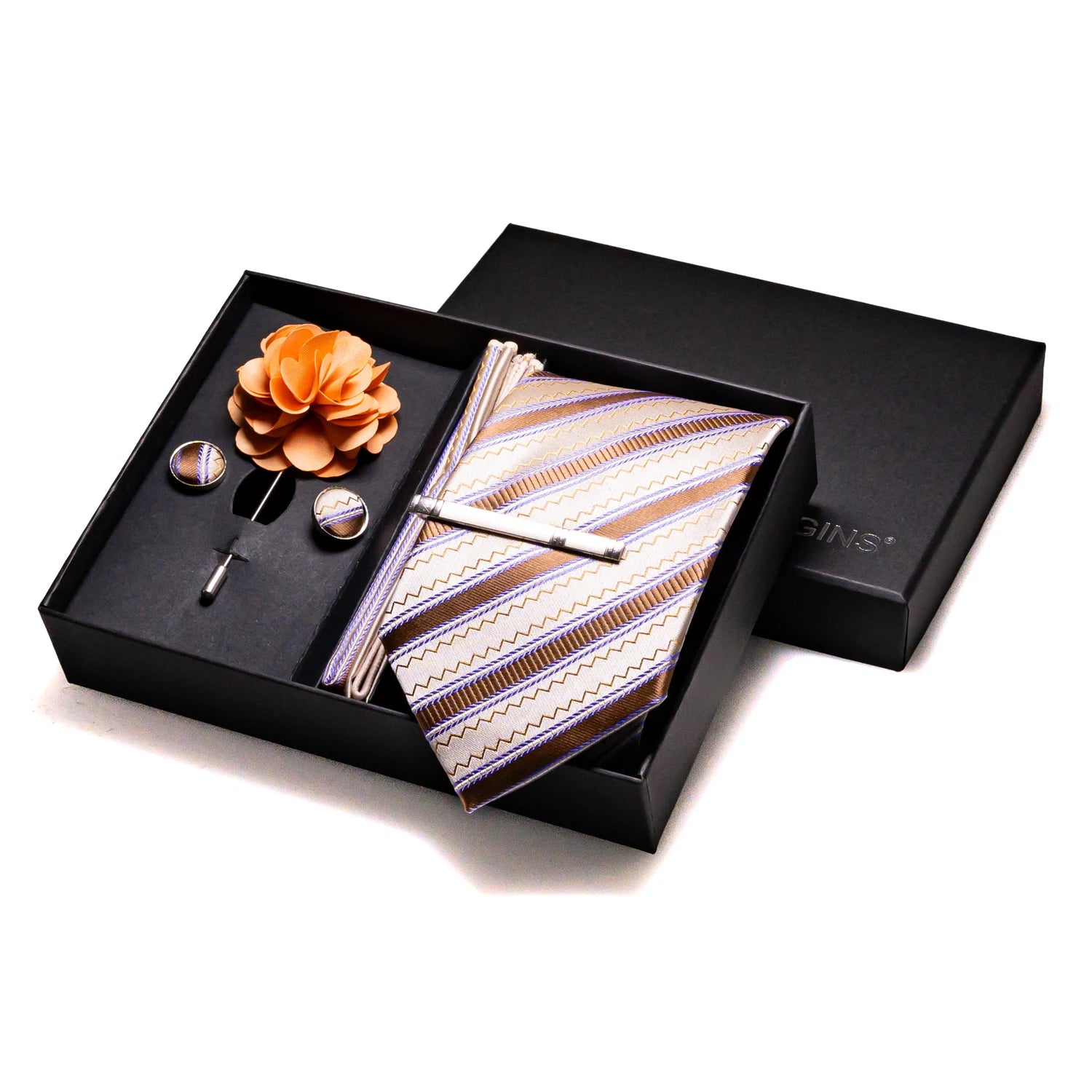 Premium silk necktie set with geometric pattern in yellow, gold, orange and champagne hues