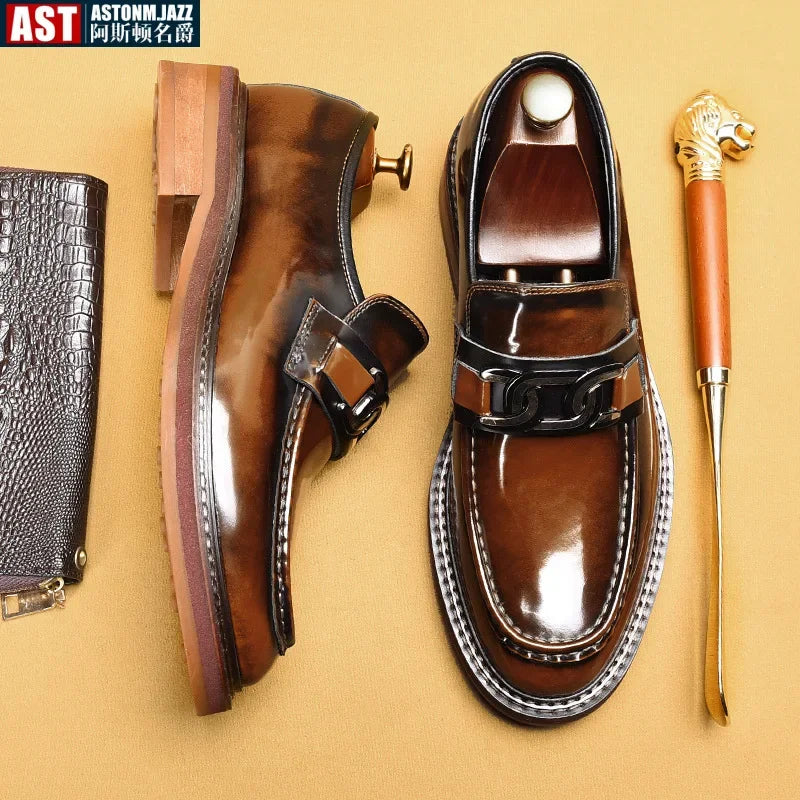 Brown genuine leather slip-on loafers for men on white background