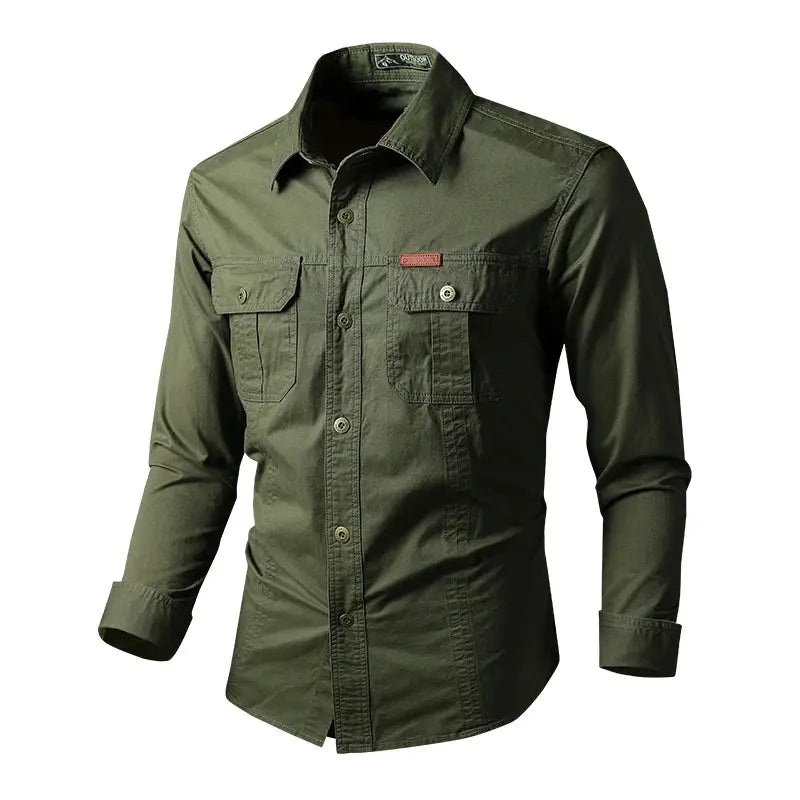 Back view of the long sleeve Commander Shirt highlighting its tailored fit and military-inspired design.