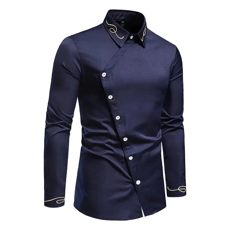 Modern white shirt with unique diagonal buttoning and decorative embroidered elements