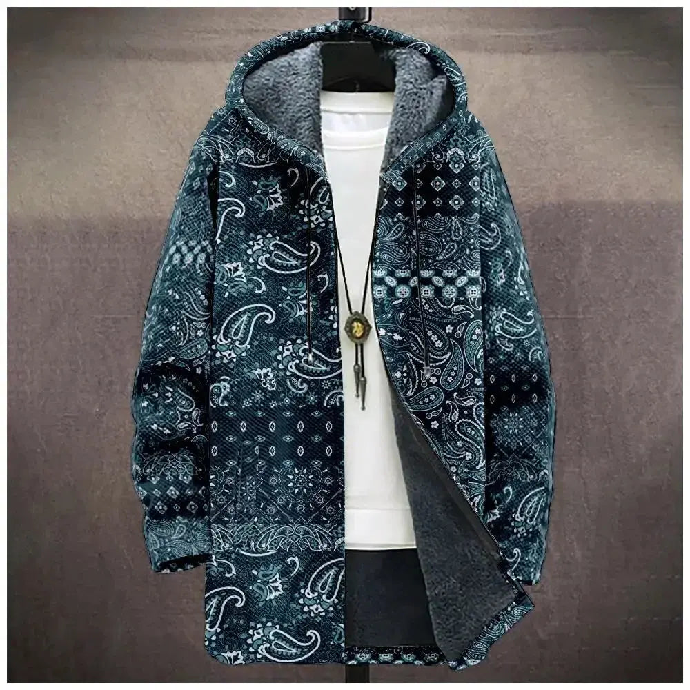 Tribal geometric pattern cardigan with full zipper and warm fleece interior