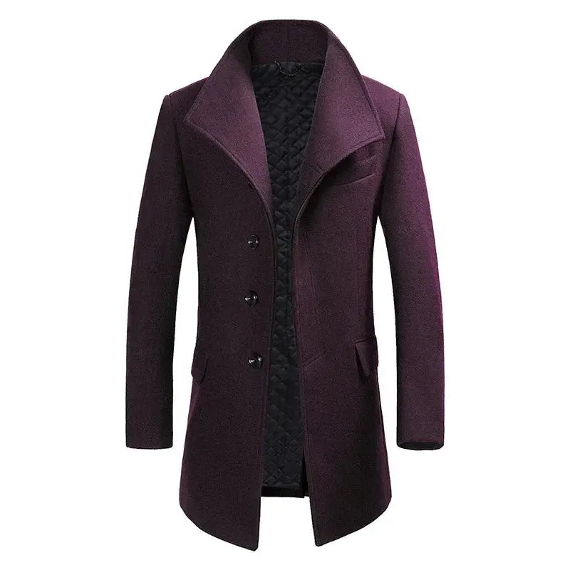 Winter's Embrace overcoat displayed on a hanger, emphasizing its timeless appeal and versatile functionality.