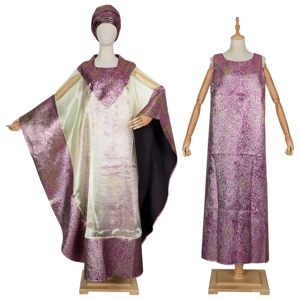 African Plus Size Jacquard Headscarf Robe 2-Piece Elegant Gown