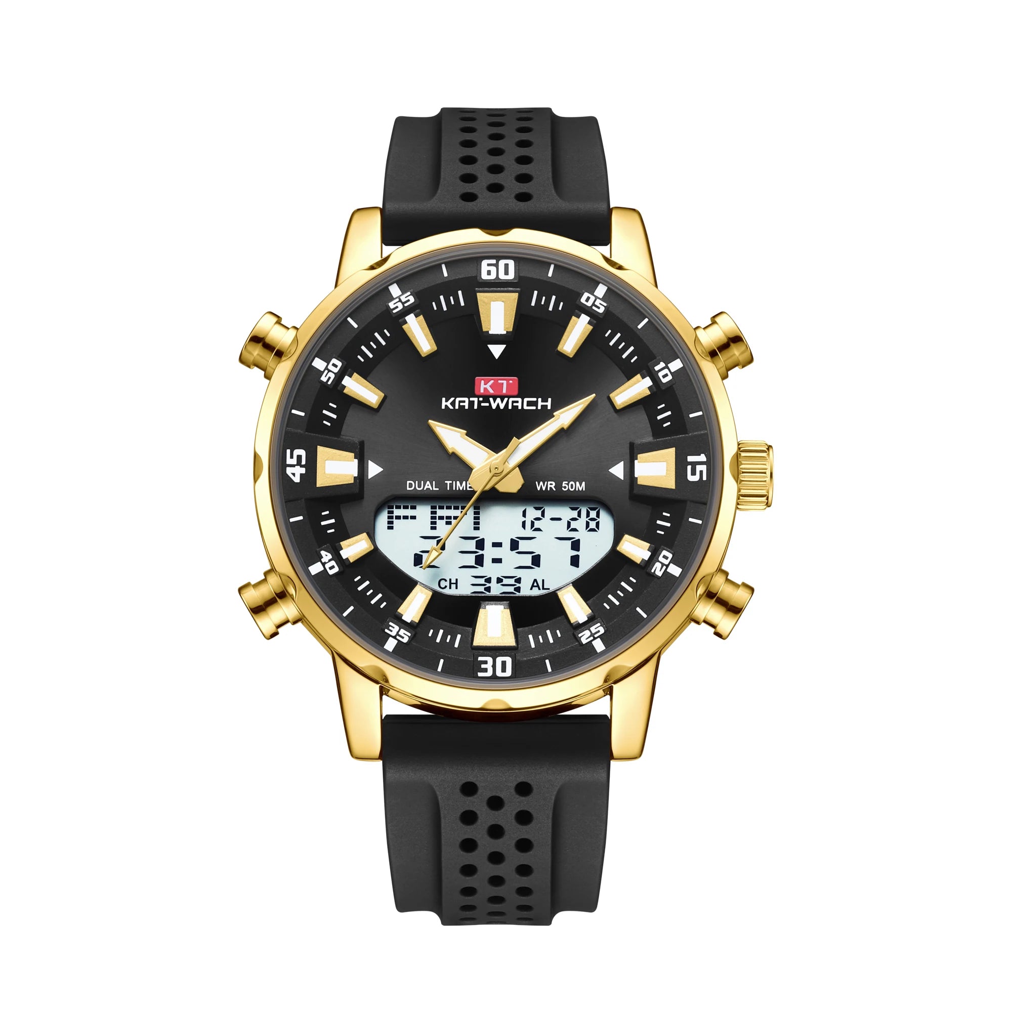 Durable waterproof watch with multifunctional features and scratch-resistant Hardlex dial.