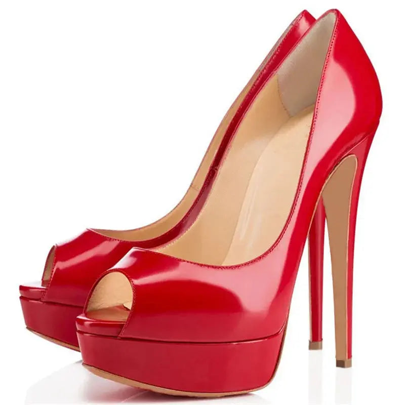 Elevated platform stiletto heels in creamy nude patent finish with open toe detail