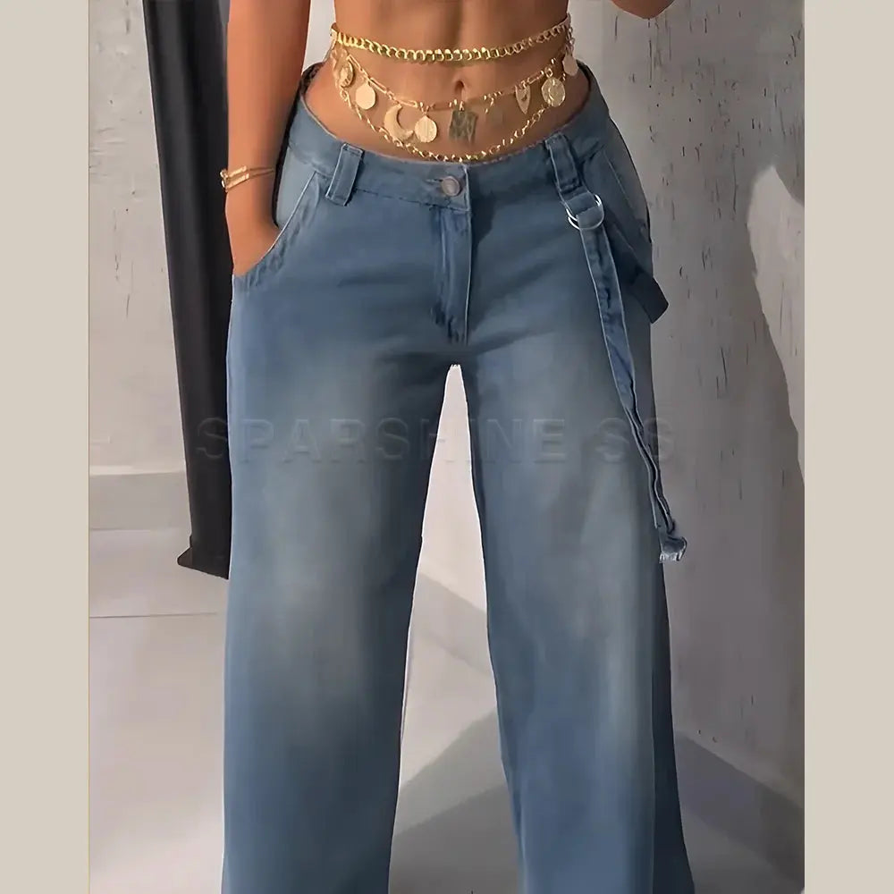 Chic light wash jeans featuring playful lace-up accents for added charm.
