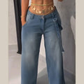 Chic light wash jeans featuring playful lace-up accents for added charm.