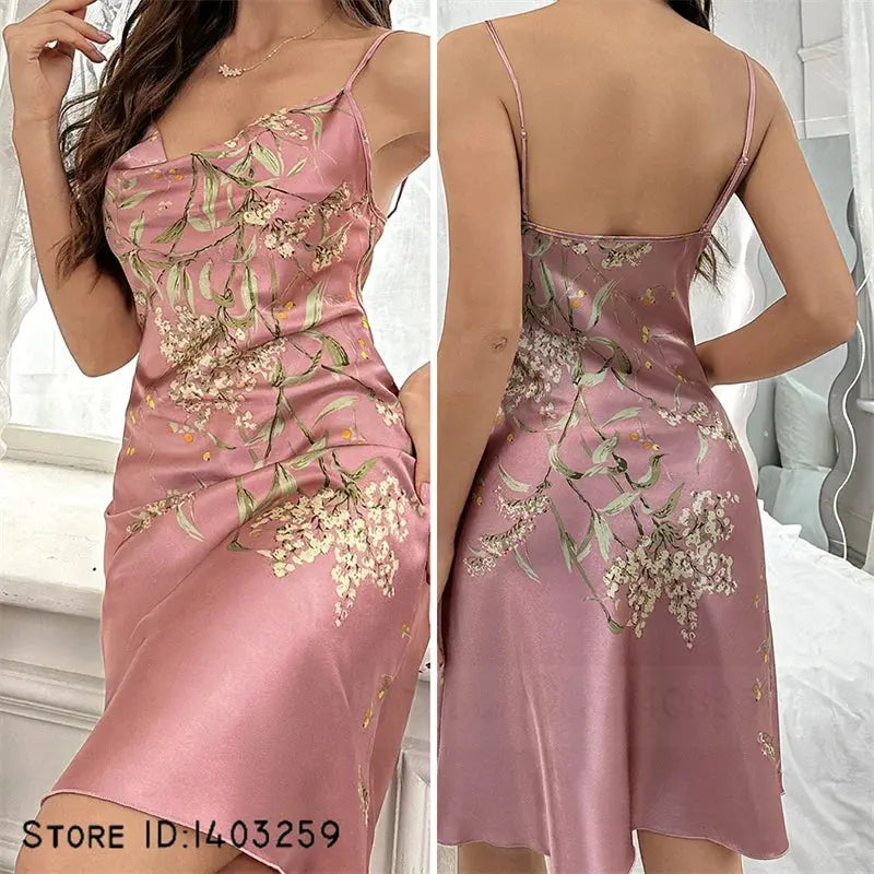 Back view of the Cherry Blossom Satin Robe, showcasing its graceful silhouette.