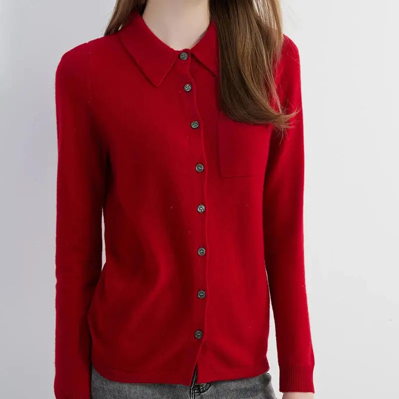 Close-up of the buttery texture of the Merino wool cardigan, highlighting its softness.