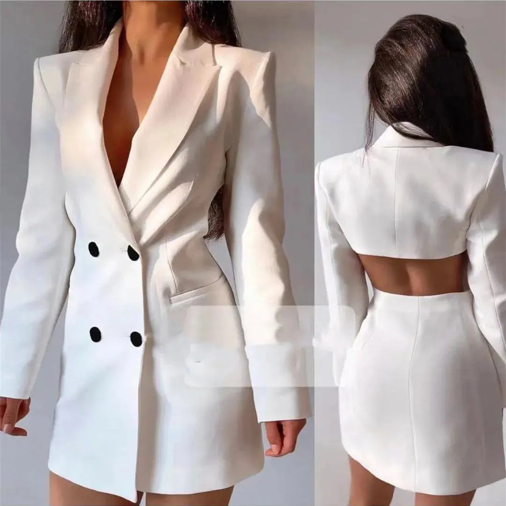 Backless blazer dress in sleek black, featuring a double-breasted front for a powerful look.