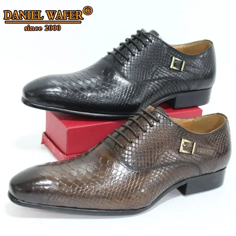 Side view of designer oxfords highlighting the snake skin print.
