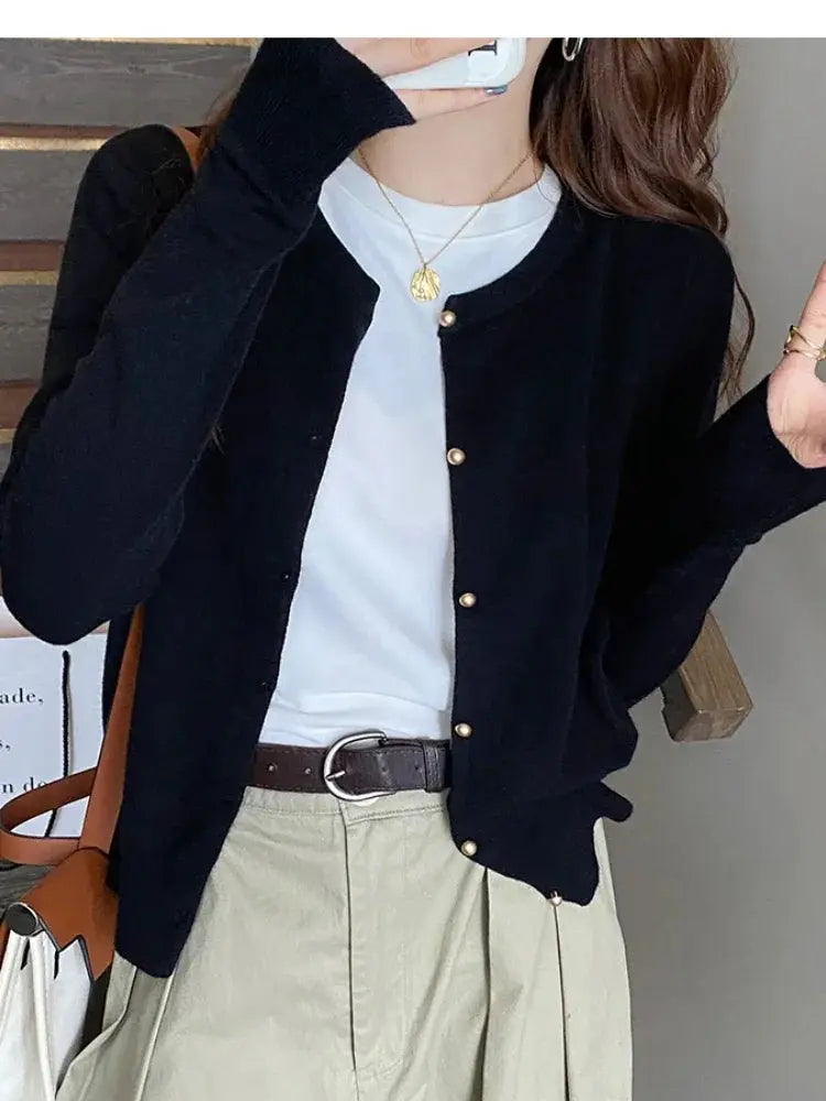 Versatile cardigan in navy blue, suitable for all-season fashion.