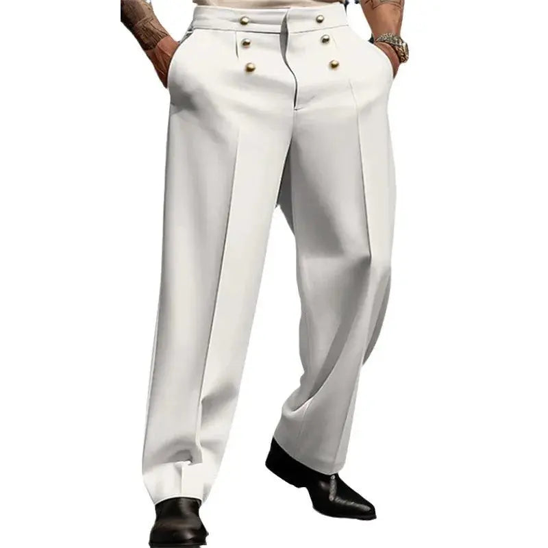 Close-up of breathable fabric texture on stylish men's business trousers.