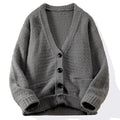 Autumn Whisper cardigan in soft beige, featuring a V-neck design and breathable knit fabric.
