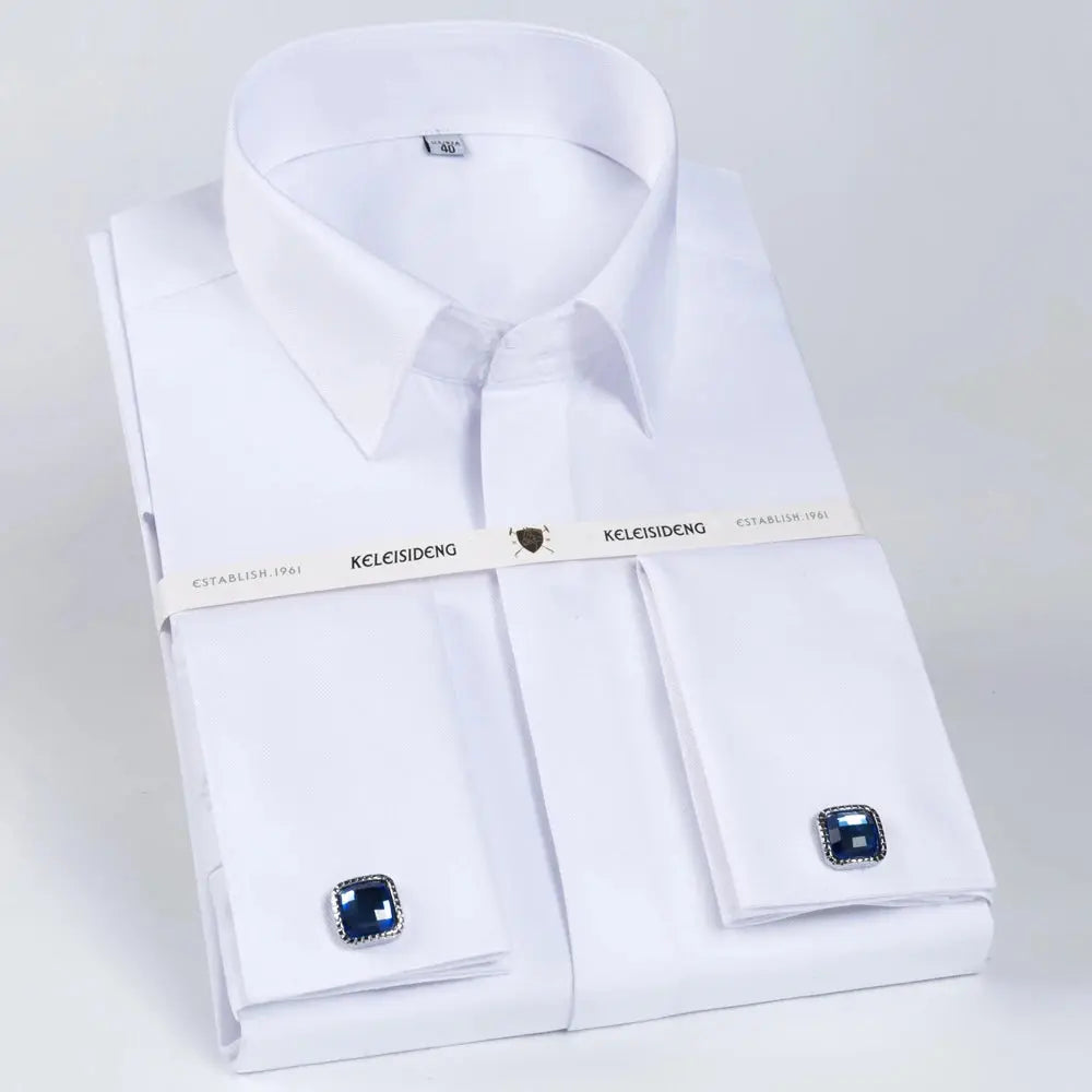 Elegant white French cuff dress shirt with covered button placket.