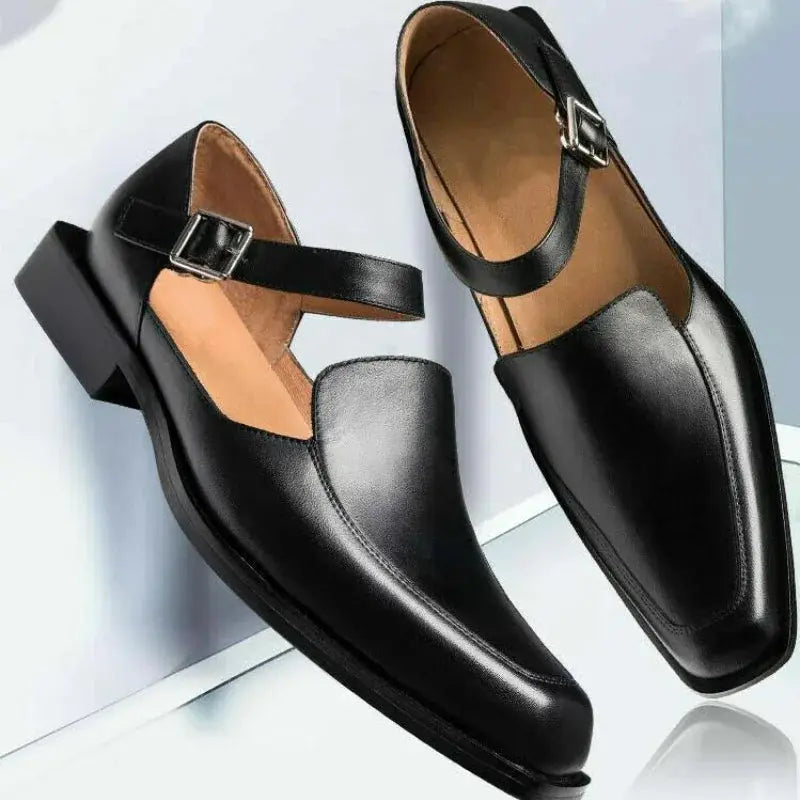 Sleek black Derby sandals with adjustable buckle straps for a refined look.