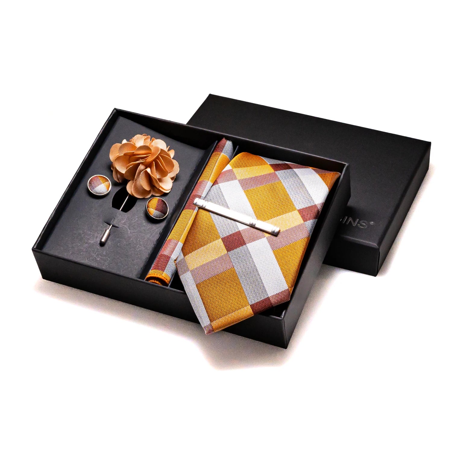 Signature silk tie gift set with matching hanky, cufflinks, tie clip and corsage in warm gold tones