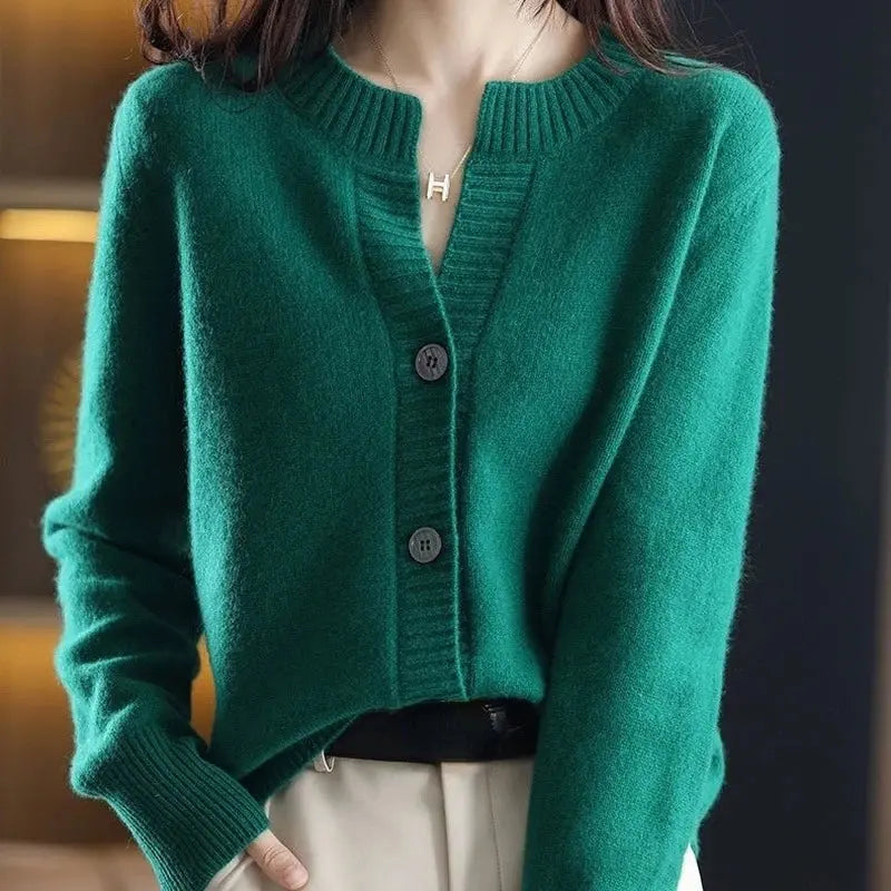Close-up of soft cotton blend fabric of Winter's Warm Embrace cardigan.