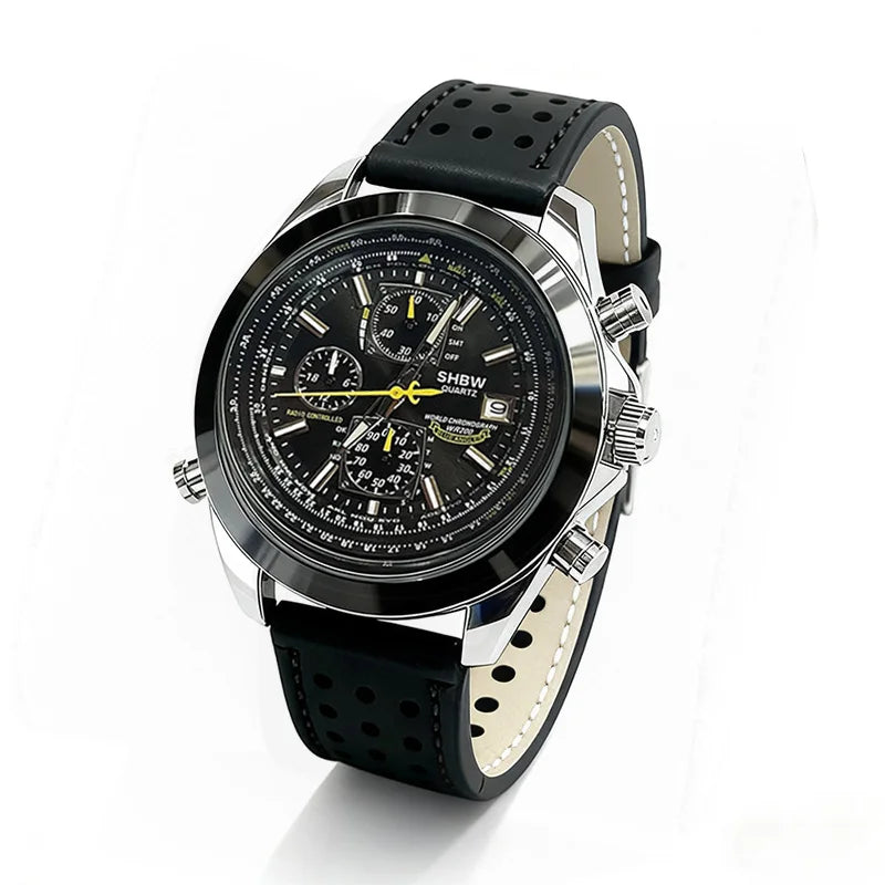 Side view of the durable stainless steel watch reflecting light.