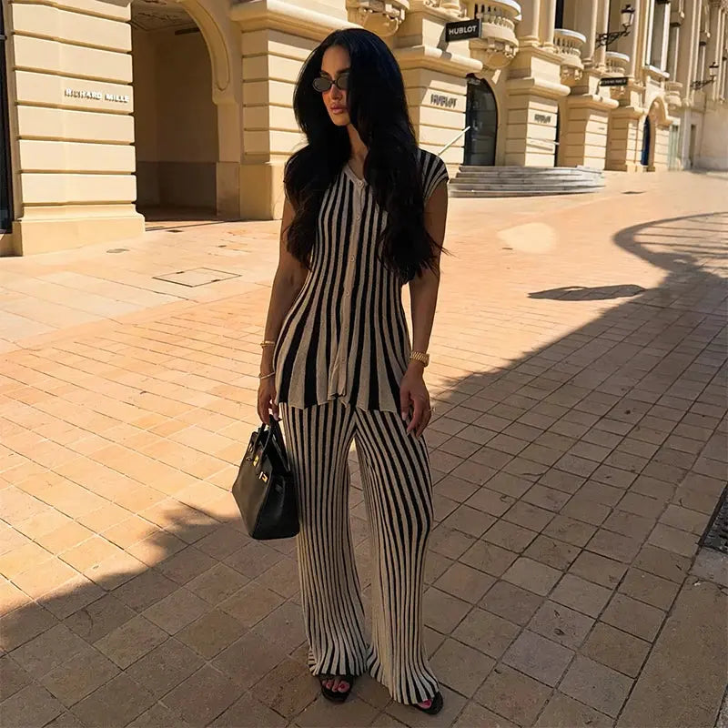 Casual styling of the chic striped knit ensemble for day-to-evening attire.
