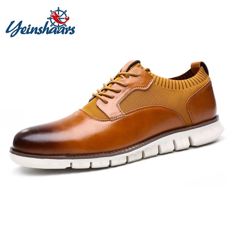 Brown breathable leather loafers with mesh lining for men on white background