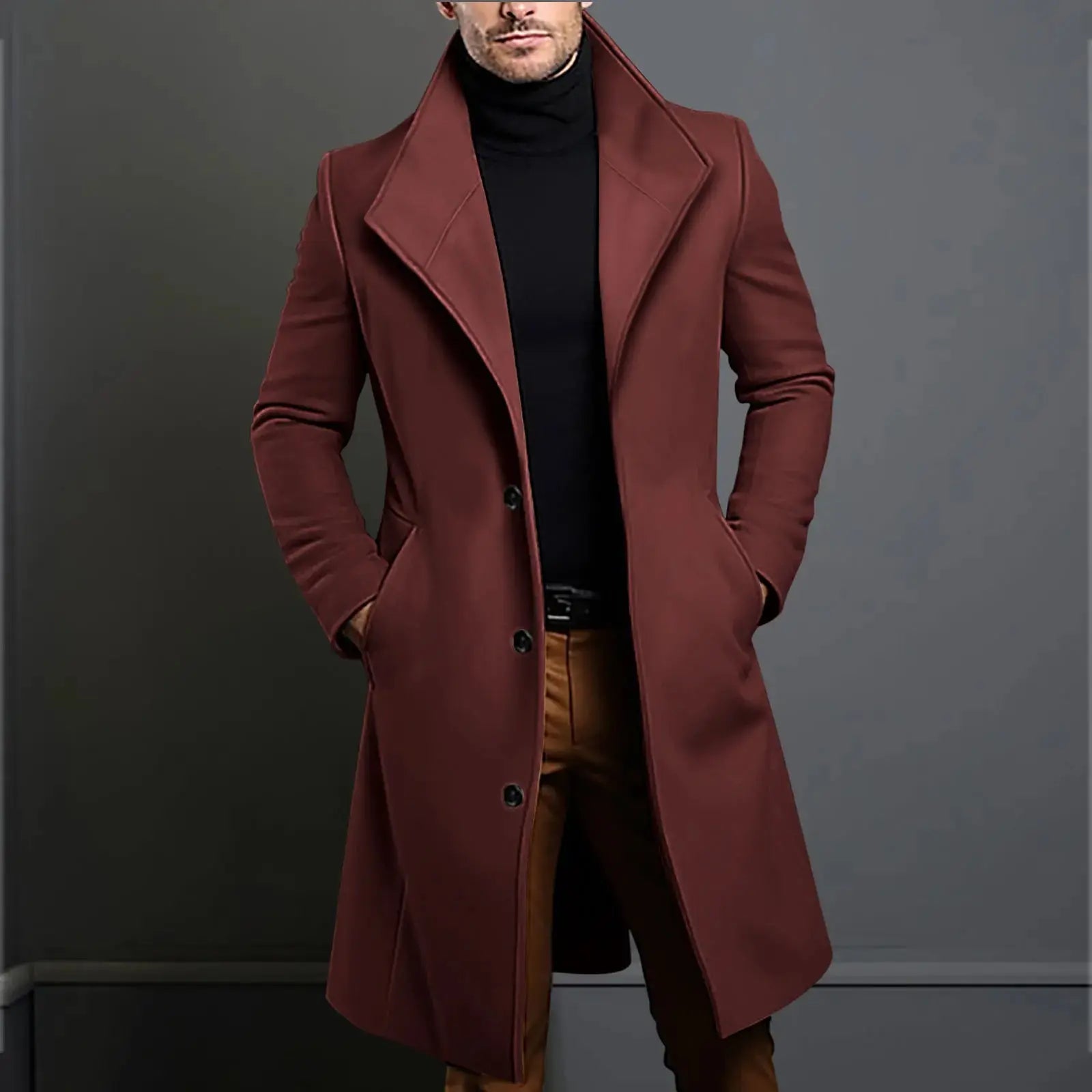 Model wearing the winter woolen coat, perfect for office meetings and evening socials.