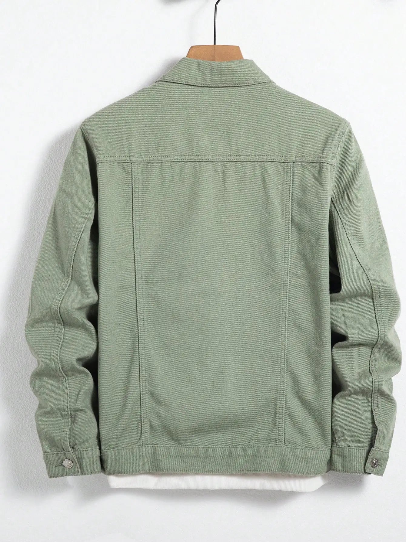 Soft cotton green denim jacket, perfect for spring and autumn layering.