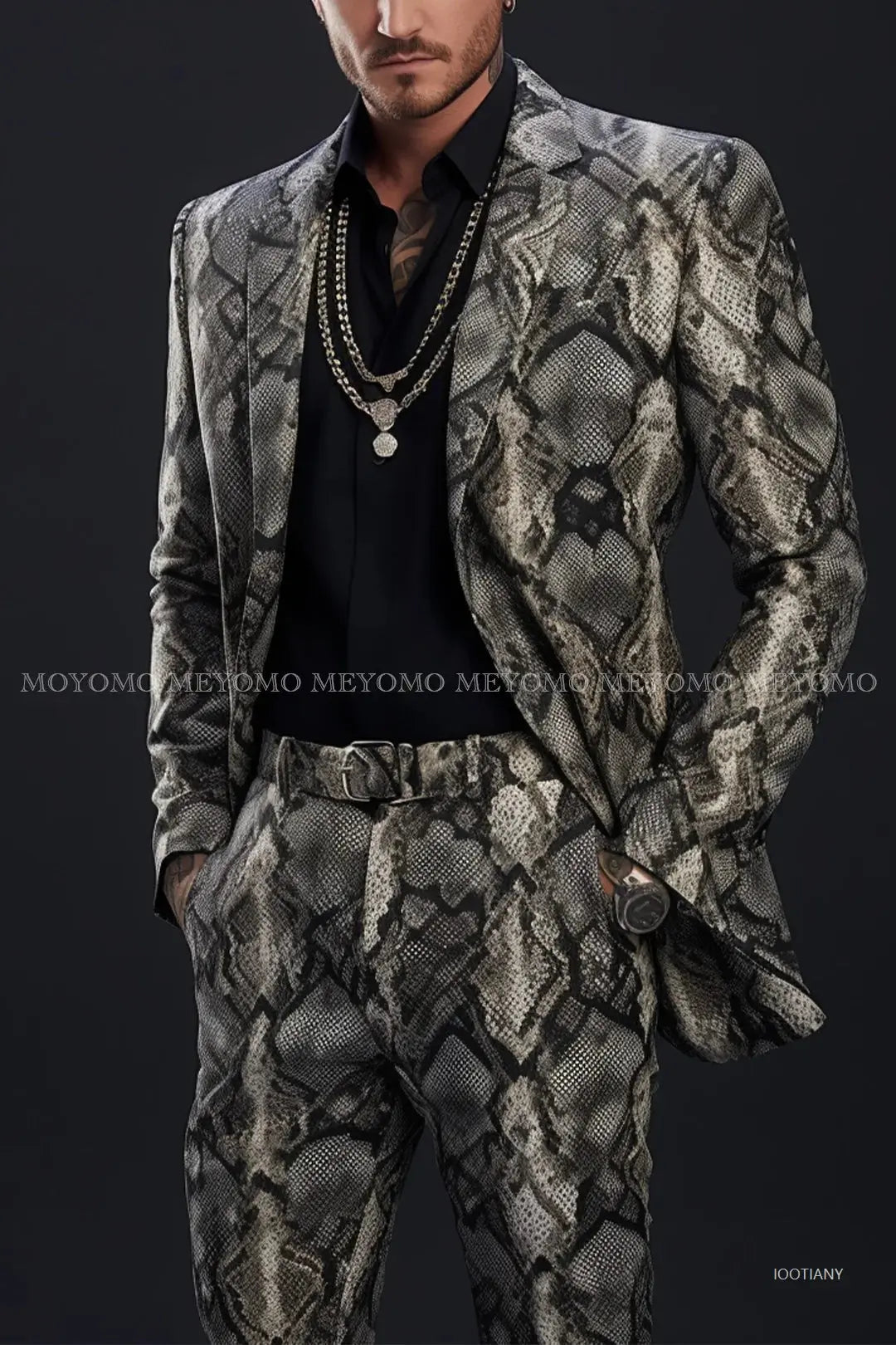 Detail shot of button-front jacket in luxurious lizard-scale print showing texture and professional tailoring