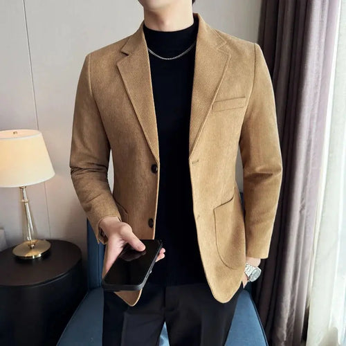 Autumn Whisper corduroy blazer in rich brown, showcasing a tailored fit and soft texture.