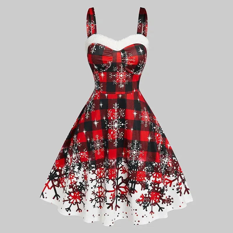 Holiday Radiance Sleeveless Dress in vibrant plaid with snowflake print, perfect for festive gatherings.