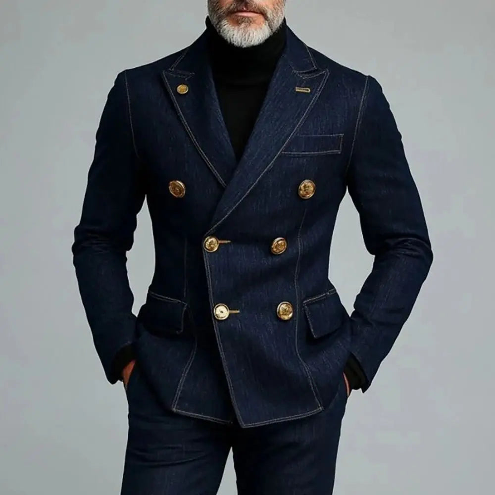 Peak lapel denim suit in dark blue, showcasing double-breasted design and tailored fit.