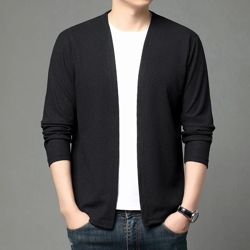 Side view of the cardigan, illustrating the soft texture and comfortable fit.