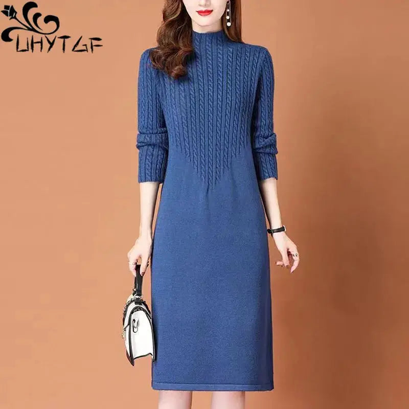 Cozy Elegance Knit Dress in classic black, featuring a half turtleneck and slim fit silhouette.