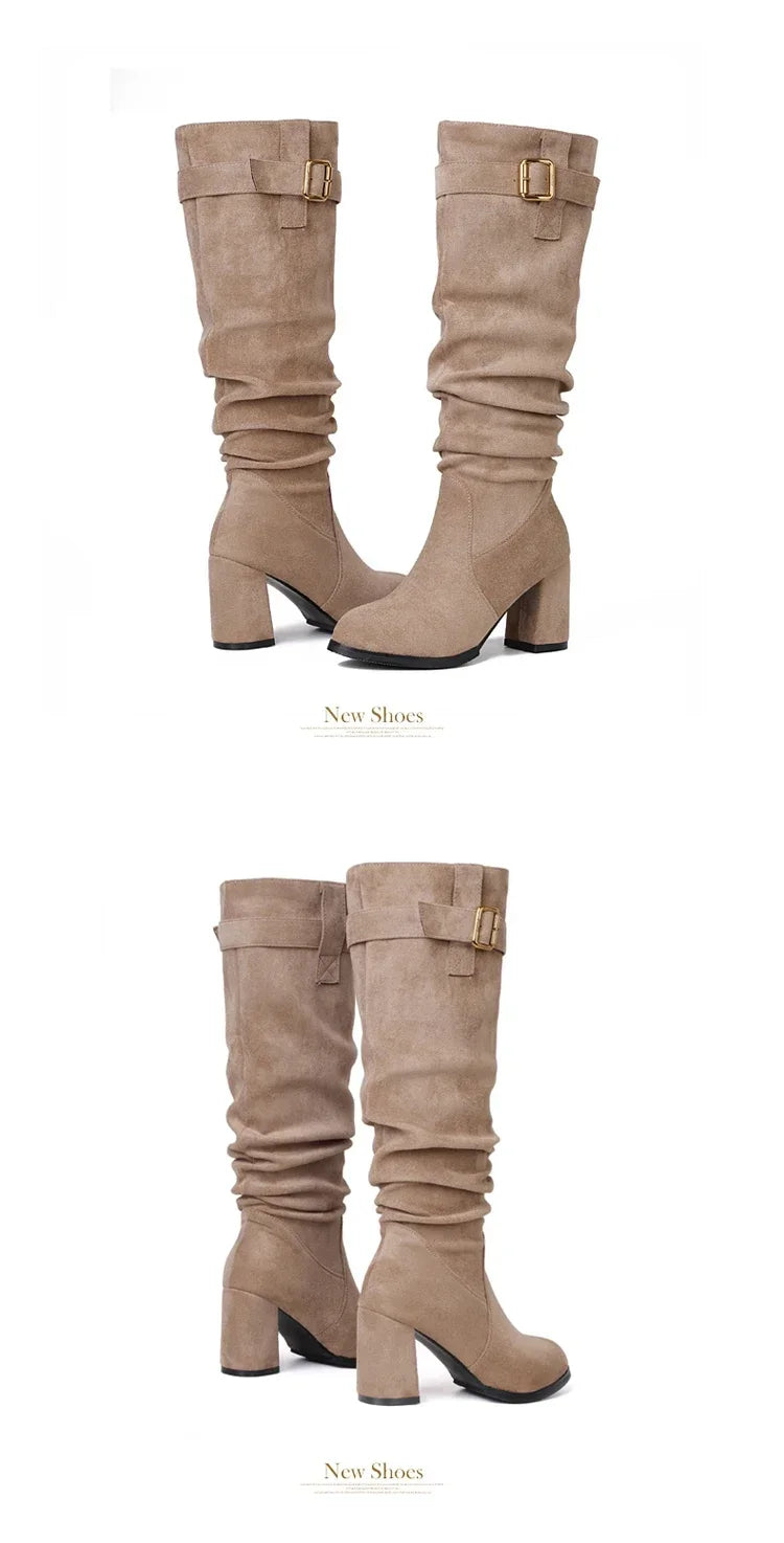 Mid-calf boots featuring premium waterproof suede and walkable heel height