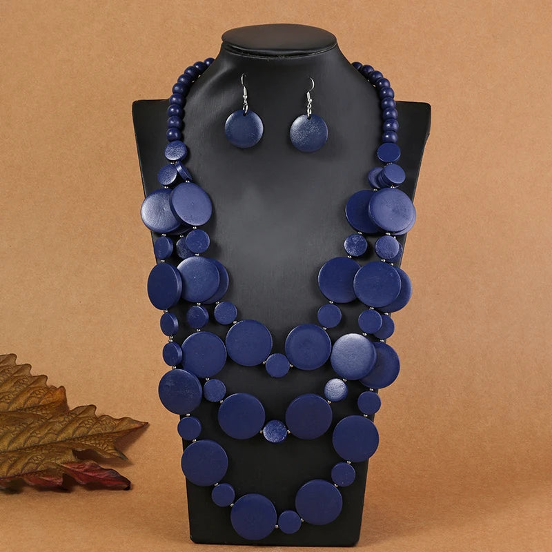 African Wedding Party Wooden Beads Necklace & Earring Jewelry Set