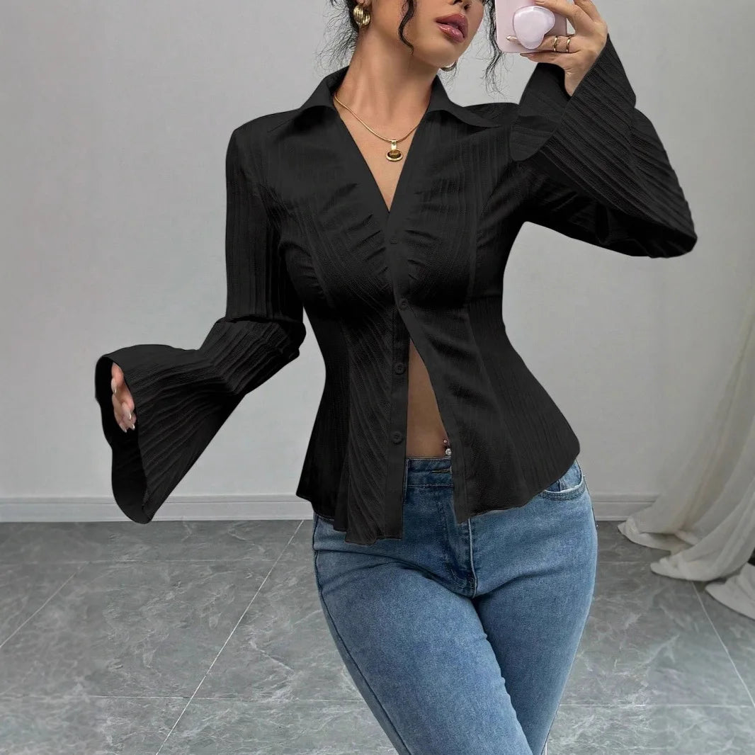 Tailored peplum blouse in stretch fabric with elegant button-front and structured collar