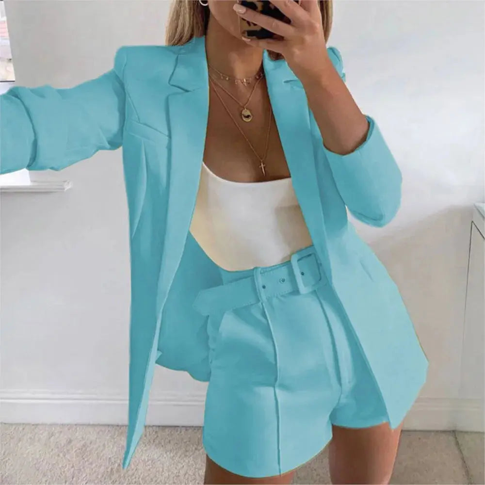 Chic blazer and shorts set in navy blue, crafted from premium synthetic blend.