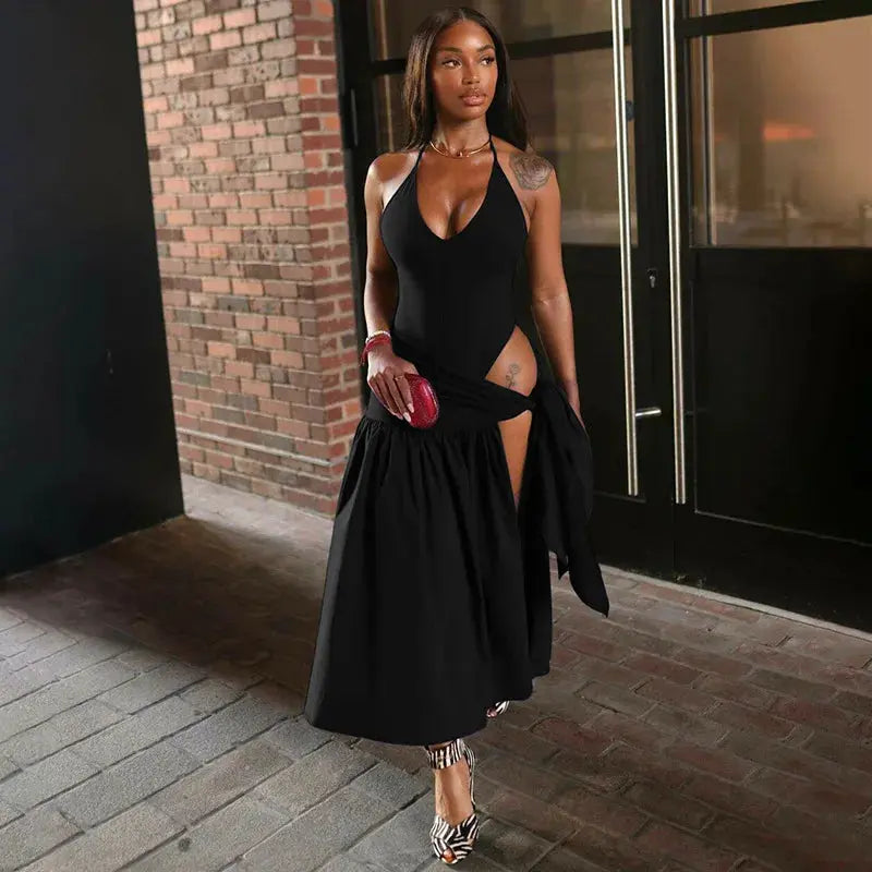 Backless ensemble showcasing a slim fit that flatters the silhouette.
