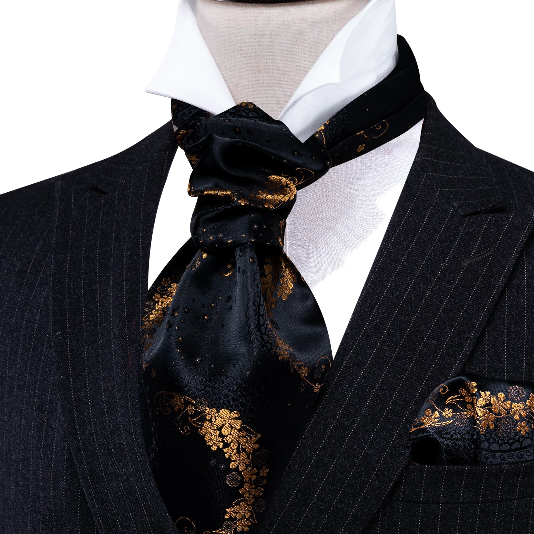 Classic paisley silk cravat with coordinating pocket square and elegant cufflinks for weddings