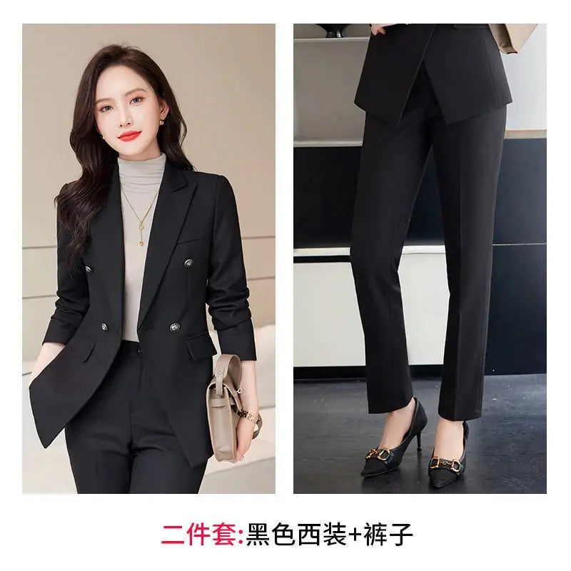 Full-length view of slim fit tailored pants, perfect for autumn professional wear.