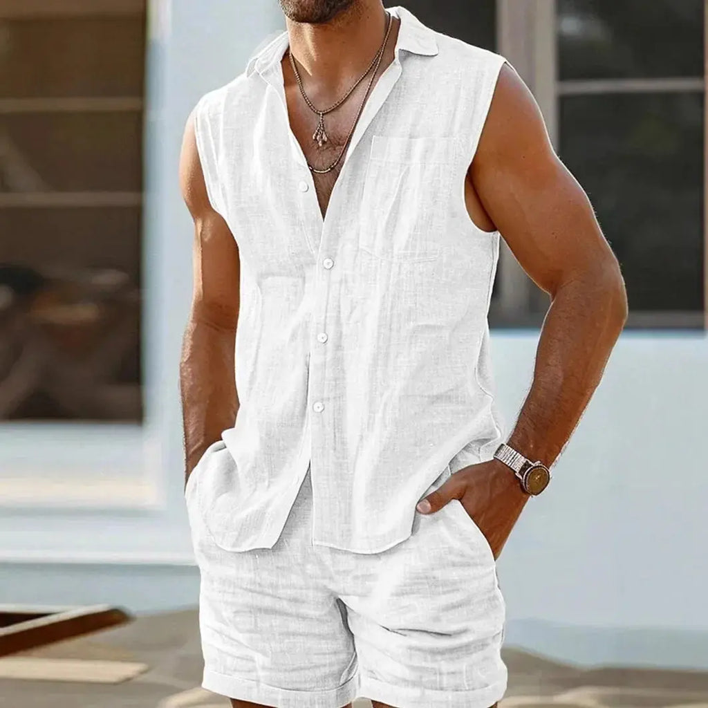 Full outfit display of the men's linen-blend vest set, perfect for transitional clothing and all-day wear.