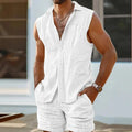 Full outfit display of the men's linen-blend vest set, perfect for transitional clothing and all-day wear.