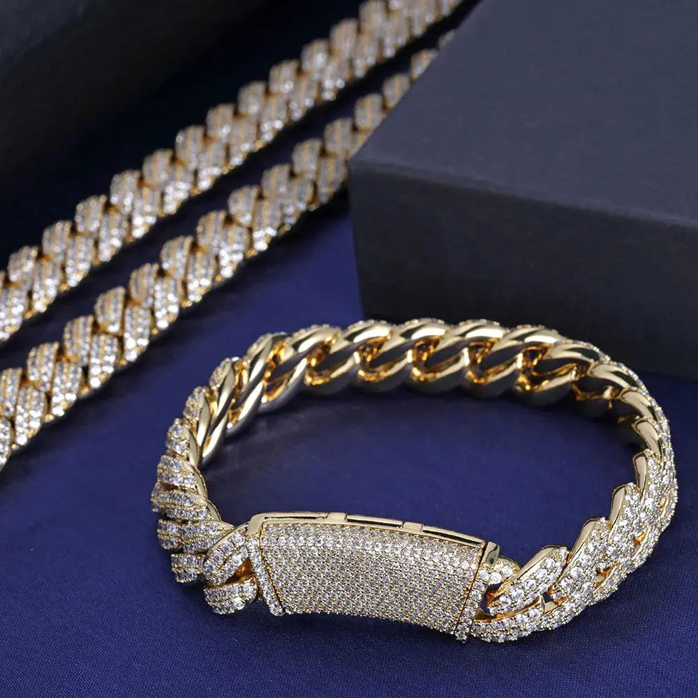 Detail shot of Miami Cuban chain links with inlaid zircon stones catching light at multiple angles