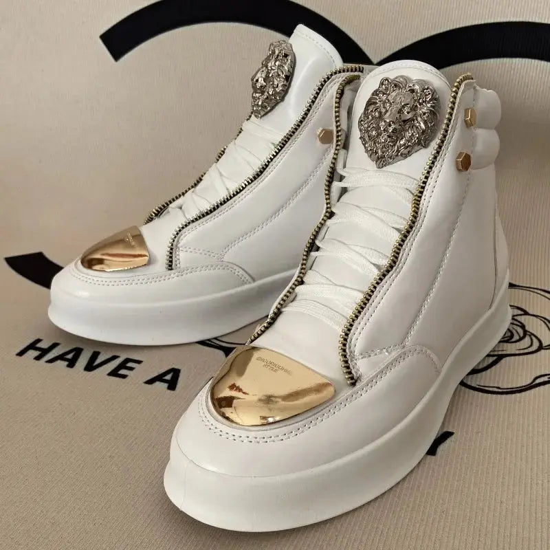 Close-up of rubber outsoles on high-top sneakers for traction.