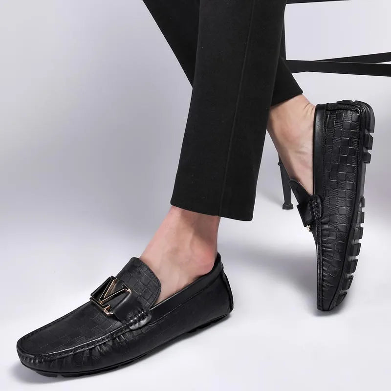 Waterproof slip-on loafers with crocodile embossed finish in rich coffee brown color