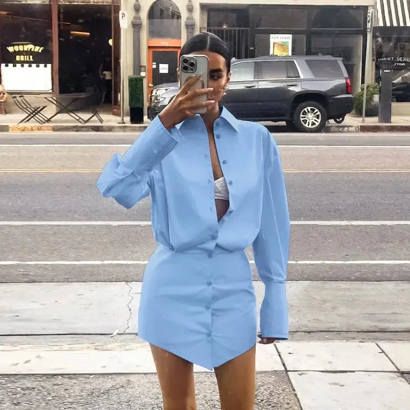 Model wearing a sophisticated single-breasted blouse at a casual brunch.