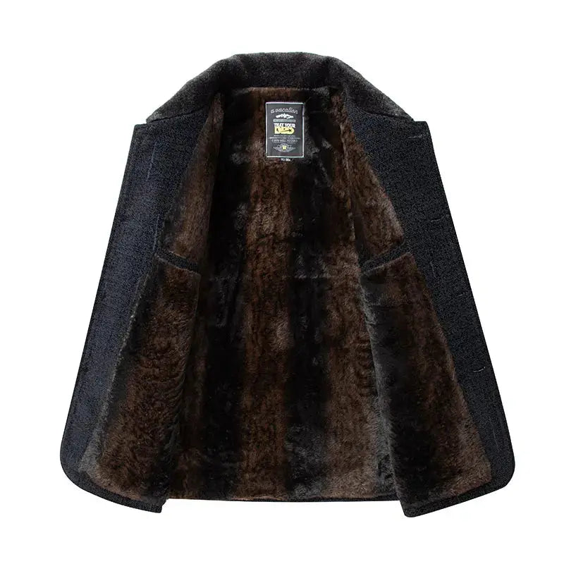 Close-up of the premium wool blend fabric of Winter's Whisper coat.